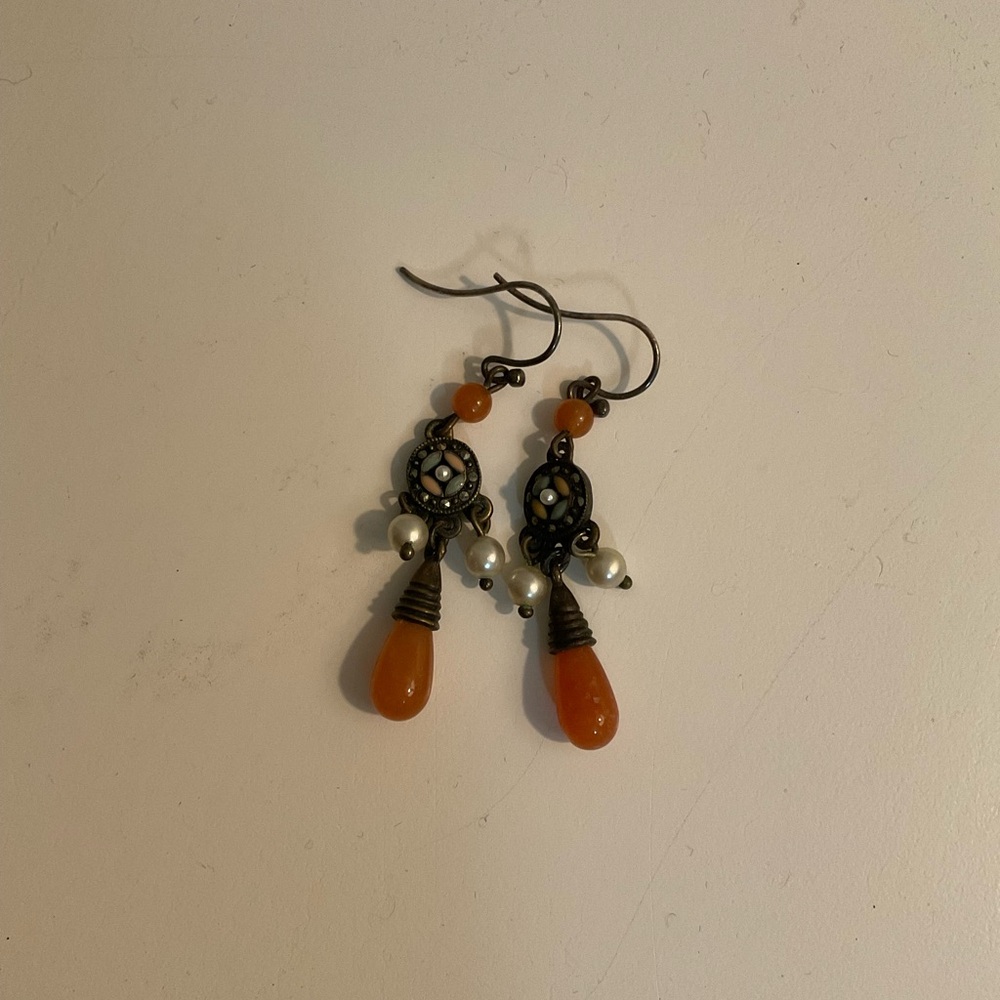 Vintage Orange and White Bead Dangle Earrings